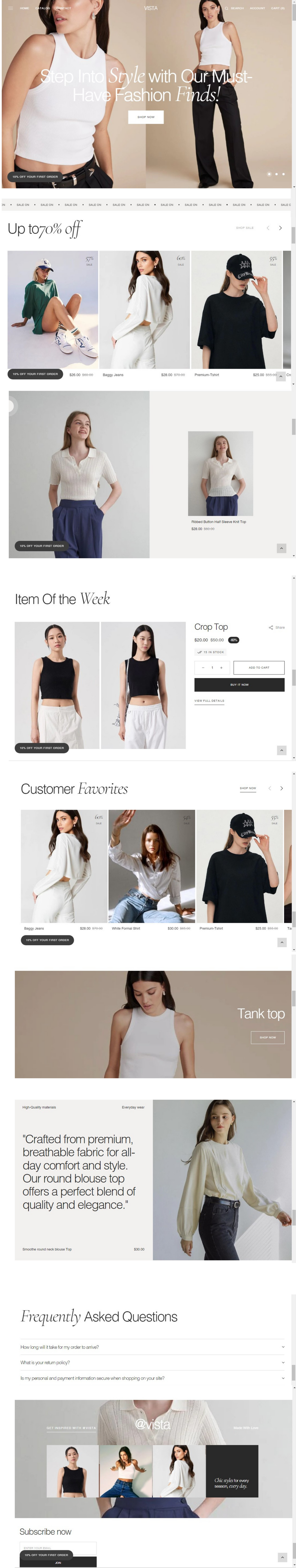 A very tall screenshot of a clothing website showing multiple apparel listings, models, product thumbnails, text sections, and navigation elements on a mostly white page.